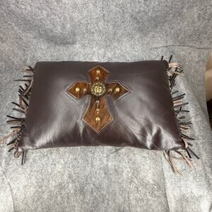 Black Forest Decor Coffee Leather Fringed Pillow Hair On Hide Concho Cross 996